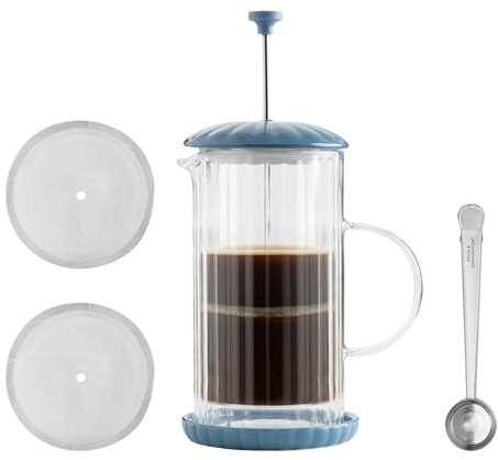 Price & Kensington Luxe French Press Bluebell Cafetiere 1 Litre (up to 4 small cups) Double Wall Glass Coffee Maker with Stainless Steel Plunger Filter, Ceramic Coaster