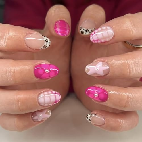 Celblisora 24Pcs Short Almond Press on Nails with Flower Star Pattern Design,Artificial Flower Leopard French Tip Press on Nails,Pink Full Cover Stick on Nail for Women