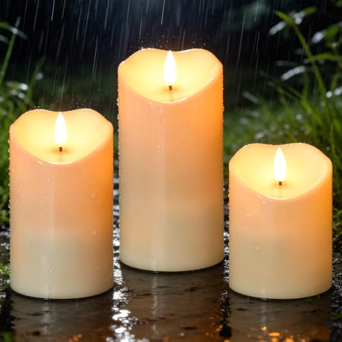 Eldnacele Solar Kerzen Outdoor wasserdicht, LED Kerzen Outdoor, 3er Set | Solarkerzen Outdoor, 30+ h Laufzeit, Dämmerungssensor, IP65, flackernde Flamme, Kunststoff, Weiß, Ø 7,5 cm, H: 10/12,5/15 cm