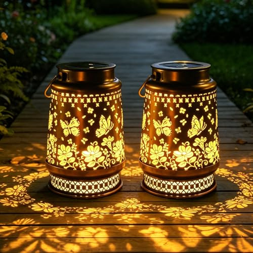 Farolillos Solares Exterior,2 Piezas Linternas Solares de Metal para Jardin,LED Metal Mariposa Solar Lámpara,Solar Farolillos para Exteriores,para Jardín Balcón Césped Camping Decoracion