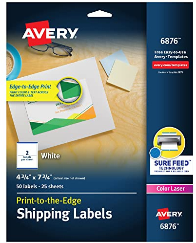 AVERY Color Printing 4 3/4 x 7 3/4 Inch White Labels 50 Count (6876)