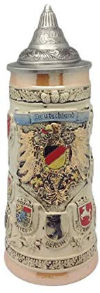 Bierkrug mit Gravur Deutsches Wappen, Sammlerstück mit kunstvollem Metalldeckel