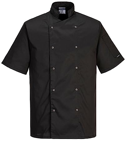 Portwest C733 Cumbria Chef Jacket - Lightweight Short Sleeve Comfort Workwear Black, Small