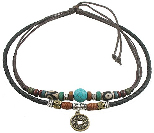 Ancient Tribe Leder-Halsband, verstellbar, mit türkisfarbenen Perlen, Schwarz