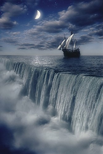 Landschaften - Sailboat and Waterfall - at Earth's End - Poster Druck Grösse 91,5x61 cm + 2 St Posterleisten Kunststoff 93 cm schwarz