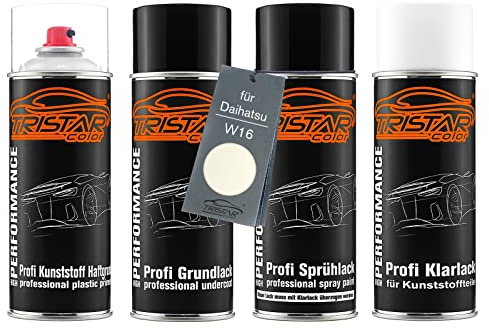 TRISTARcolor Peinture voiture Aérosols plastique pour Daihatsu W16 White P. | White Perl, Kit bombes de peinture pour pare-chocs/plastique, primaire d'adhérence pour plastique + fond + base + vernis