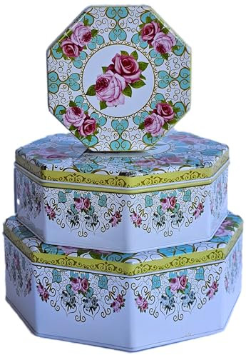 3 Stück achteckige Metalldosen mit Deckel, stabile Keksdosen für Leckereien, Mehrzweck-Küchenaufbewahrungsbehälter für Snacks, Bastelbedarf, Hochzeitsgeschenkbox, rosa grüne, vergoldete Rosen