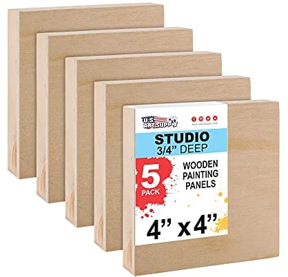U.S. Art Supply Unfinished Cradled Wood Panels for Painting, 5 Pack of 4x4 inch - Studio Birch Wooden Canvas Boards 3/4 Deep - Mixed-Media Craft, Acrylic, Oil, Encaustic, Paint Pouring Panel Board