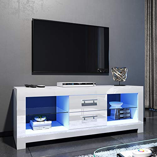 ELEGANT 1300mm LED TV Cabinet Modern White Gloss TV Stand with Ambient Lights for Living Room and Bedroom with Storage Furniture for 32 40 43 50 52 inch 4k TV
