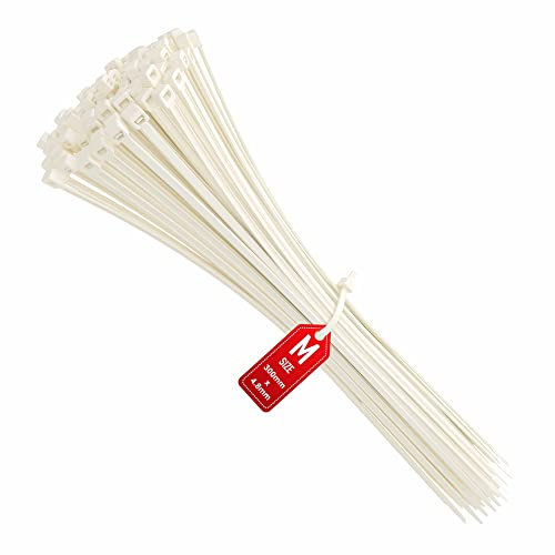intervisio Collier de Serrage 300 mm x 4,8 mm, Attache Câble, Serre Câbles Rilsan Nylon, Colliers Serre-Cable 300mm, Blanc, Lot de 100 Pièces