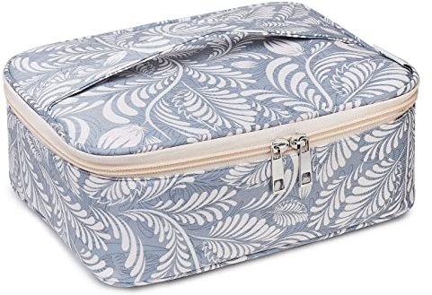 Narwey Makeup Bag Travel Cosmetic Bags with Brush Compartment, Portable Makeup Bag with Handle, Make up Bag Organizer Case with Brush Storage for Women (Blue Leaf)
