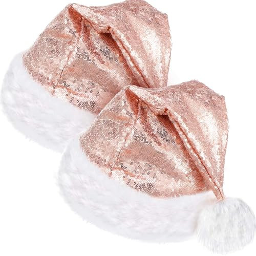 2 Pezzi Cappello da Babbo Natale Unisex in Tessuto di Velluto Con Fodera Comfort e Paillettes Oro Rosa per Adulti Capodanno