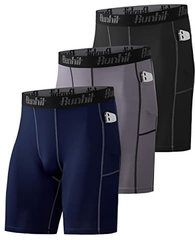 Runhit 3er Pack Herren Kompressionsshorts Mit Tasche - Base Layer Sport Unterhosen Funktionsunterwäsche Tight Kompressionshose Kurz Laufunterwäsche Radlerhose L