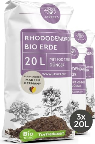 Bio Rhododendronerde 60 L (3x20L) - Saure Erde mit 20% weniger Torf für Moorbeetpflanzen - Erde für Pflanzen mit Dünger - Saure Blumenerde - Pflanzenerde mit saurem PH-Wert