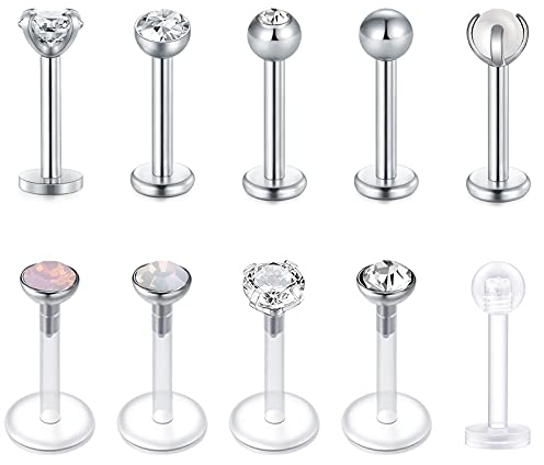 Funseedrr 10er 1.2mm Edelstahl Lippenpiercing Labret Stecker Set 8mm Silber Tragus Helix Piercing Schmuck