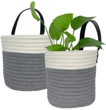 SOQKEEN Small Storage Baskets, 2 Pack 6(15cm) Cotton Rope Woven Hanging Plant Pots Storage Baskets with Leather Handles for Sunglasses Key, Indoor Plants Flower, Bathroom Accessories (Grey & White)