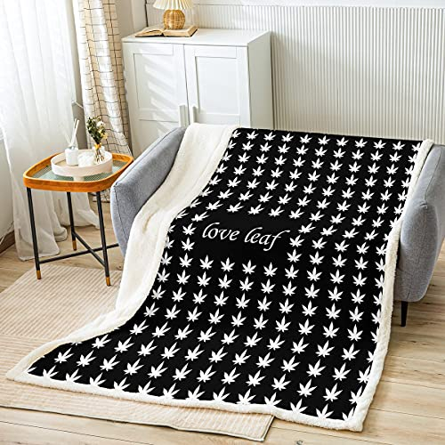 Loussiesd Cannabis Blatt Kuscheldecke Marihuana Weed Decke 75x100cm für Kinder Jungen Mädchen Weiß Schwarz Blätter Dekor Wohndecke Mode Botanisch Dekor Schlafzimmer Sammlung Flanell Fleecedecke