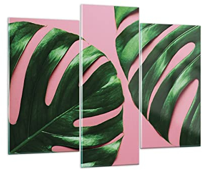ARTTOR Mehrteilige Bilder auf Glas 130x100cm Glasbild Monstera Blatt Rosa Groß Wanddeko Schlafzimmer Küche Set 3 teilige Wandbilder Dekoration Wohnzimmer Modern Wand Kunstdruck Art GCB130x100-4407