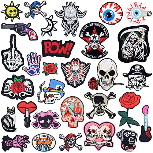 Yeelua 30 Pcs Iron On Patches, Rock Punk Band Appliques, Alien Embroidered Patch, Hippie Clothing Shoes Hat Bag Badge Patchs Set DIY Sew On Repair Fabric Decor Stickers for Jeans T-Shirt Jackets