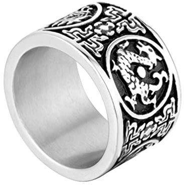 PAURO Herren Edelstahl 4 Wächtertiere, Drache, weißer Tiger, Suzaku, geschnitzter Ring aus Basalt Silber Schwarze Größe 62