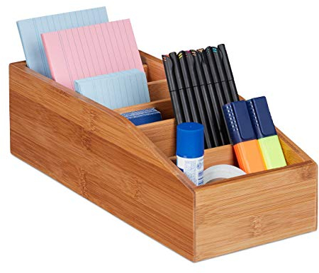 Relaxdays 4 x Aufbewahrungsbox Bambus, 6 Fächer, Universal Ordnungsbox für Büro, Bad, Küche, HxBxT: 10 x 14 x 35 cm, Natur