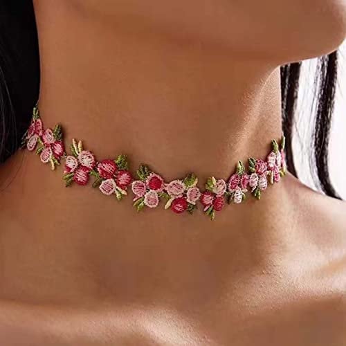 InateannalBoho Flower Lace Choker Necklace Pink Rose Choker Chain Vintage Floral Choker Collar Jewelry for Women Teen Girls