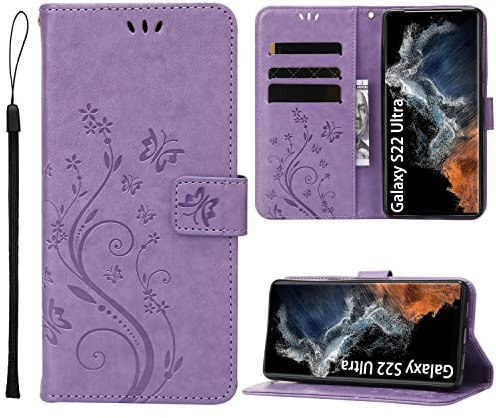ANSHOW for Samsung Galaxy S22 Ultra 5G Wallet Case with Wrist Strap, Flip Leather Case with Cards Holder Phone Case with Kickstand Cover for Samsung S22 Ultra 5G, Purple