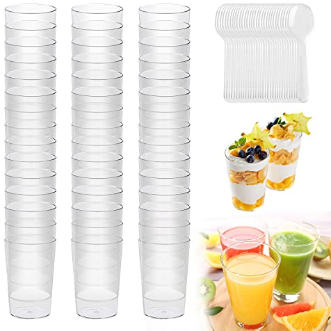Vasitos Aperitivos Plastico, 48 Piezas Vasitos para Aperitivos, 95ML Vasitos para Postres con 48 Piezas Cucharas, Reutilizable Vasos para Postres Adecuado para Hogar Fiesta Boda Festival Picnic