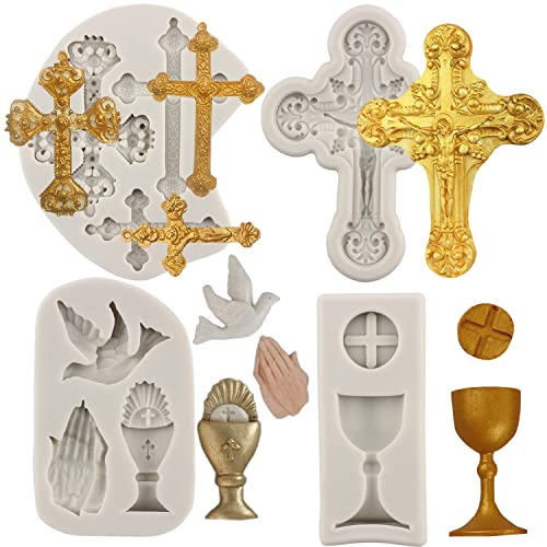 Sijiangmold Tauf-Kuchendekorationen, Kreuz-Kuchenform, Silikonformen, Kommunion, Kelch, Taube, Fondant, Formen für Taufe, Party, Kuchendekoration, Cupcake-Topper, Süßigkeiten, Gummipaste, 4 Stück
