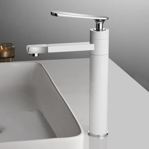 Waschbeckenarmatur Matt Weiß Wasserhahn Wasserhahn Badezimmer Waschbecken Wasserhahn Einzelgriff Loch Deck Montage Waschen Heiß Kalt Mischbatterie Kran (Weiß Chrom)