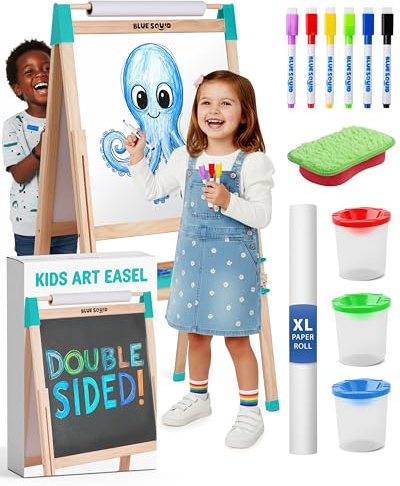 Blue Squid Art Easel for Kids, Easels for Toddlers | Adjustable Art Easel with Paper Roll, Magnetic Kid Chalkboard Easel Double Sided, Toddler White Board Toddler Easel for Kids + Accessories