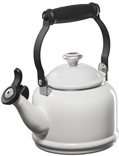 Le Creuset Enamel On Steel Demi Tea Kettle with Metal Finishes, 1.25 qt, White