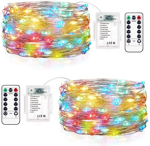 LED Lichterkette Batterie Bunt, 2 Stück 100 LED Lichterkette 10M Timer Lichterkette Draht 8 Programm Wasserdichte Kupferdraht Lichterkette für Zimmer Party Weihnachten Halloween Deko
