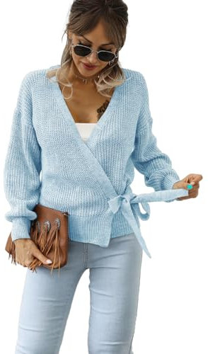 Rayson Femme Pull Col en V Mode Tricoté Pullover Elegant à Manches Longues Laçage en Croix Chaud Chic Pull Décontracté Automne Hiver S-XL(Bleu,S)