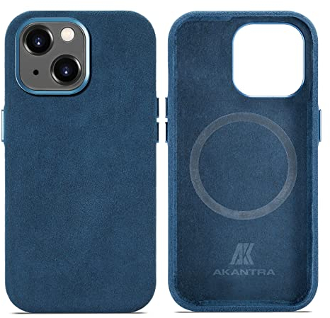 AKANTRA Alcantara Hülle für Apple iPhone 15 Plus, handgefertigte, vollständig umwickelte Kunstlederhülle, kompatibel mit Magsafe Wireless Charging (iPhone15 Plus, Marineblau)