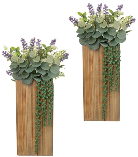 Oairse Juego de 2 macetas de madera con plantas verdes artificiales para flores secas, decoración de pared de madera, para colgar en la pared, para sala de estar, dormitorio, decoración del hogar