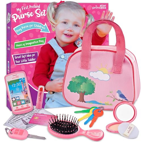 Spielhandtasche für Kinder mit Zubehör – Handtaschenspielzeug mit Spiel-Make-up, Schlüsseln, Smartphone und Verkleidungsspielzeug kleine Mädchen und Kleinkinder