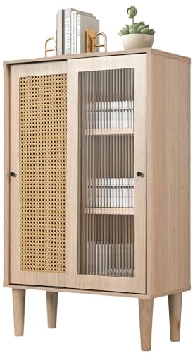 Merax Buffet avec Portes coulissantes et étagères réglables, Buffet Haut Moderne avec 6 Compartiments, Commode en rotin avec Beaucoup d'espace de Rangement, pour Salle à Manger, Salon et Chambre à