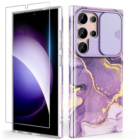 SHEDEER Coque pour Samsung S24 Ultra avec Coulissante Protection de la Caméra + Protecteur d'écran, Ultra-Fine Antichoc Coque Galaxy S24 Ultra, Brillante à Motif Résistant à la Décoloration, Violet