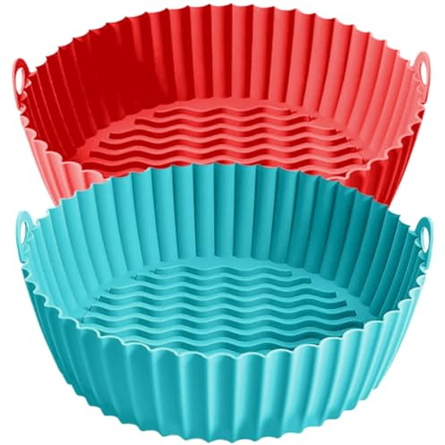 Air Fryer Silicone Liner Reusable 9.5 inch, Thick Pot for 7-10.5L 2Pcs Round Silicone Air Fryer Liner, Airfryer Liners, Compatible with Russell Hobbs, Salter, Tower Liners for Air Fryer Basket