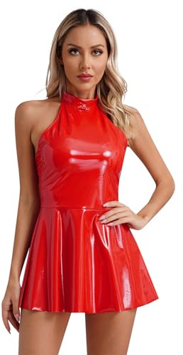 Jugaoge Damen Glänzend Kleider in Lack Leder Optik Neckholder Rückenfrei Minikleid mit Plissee Rock Sommer Sexy Gogo Outfits Clubwear Rot M