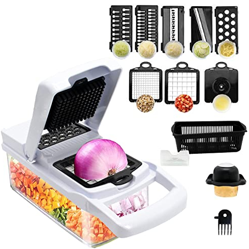 MAGIC SELECT Cortador de verdura Manual, Mandolina de Cocina Multifuncional 13 en 1-2 Cuchillas, 7 Rebanadoras Rallador, Separador de Huevo y Escurridor, Cuchillas Acero Inoxidable.