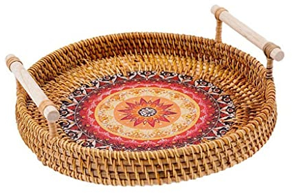 Fruteros Cesta De Mimbre Redonda Plato De Comida para Pan Plato De Pastel De Frutas Bandeja para Servir Cena Bandeja De Almacenamiento De Ratán Tejida A Mano (DS) (Argento Pequeño)