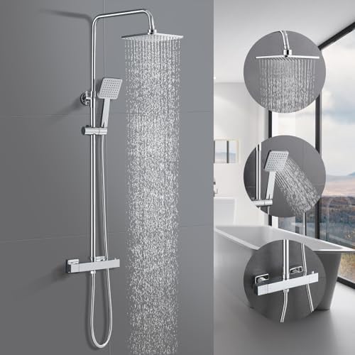 BONADE Sistema de Ducha Con Termostato - Lluvia y Grifo de Acero Inoxidable - Juego Completo Con Barras Ajustables 81-117 cm - Cromo