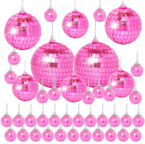 Pink Mini Disco Ball Decor: 42 Pack Hanging Mirror Ball Ornaments Different Sizes - Disco Balls Decorations Bulk for Party Christmas Tree Cake Room Birthday(1.2 Inch, 2 Inch, 2.4 Inch, 3 Inch)