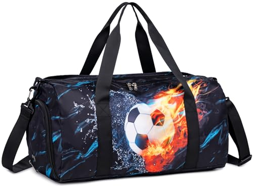 Sporttasche Kinder Schwimmtasche Jungen Damen mit Schuhfach und Nassfach Badetasche Teenager Kleine Reisetasche Fitnesstasche (Schwarz - Fußball)