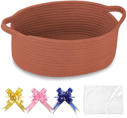 COMSE Empty Small Woven Gift Basket with Bag and Ribbons, Autumn Glaze | Cotton Rope, 30.5x20x13 cm, Baby Toy Organiser, Stores Small Items for Bedrooms, Nurseries, Bathrooms, Living Rooms, Offices