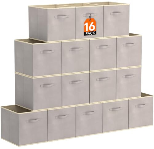 Lifewit 16 Stück Aufbewahrungsbox aus Stoff, Faltbar Aufbewahrungswürfel Kallax Boxen Aufbewahrung aus Vliesstoff mit Griff für Würfelregal Kallax Boxen Regal Einsatz, 26,5 X 26,5 X 28 Cm, Hellgrau