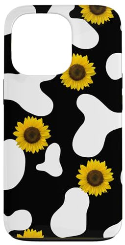 iPhone 13 Pro Cow Print and Sunflowers Phone Case,White & Black Cow Phone Case