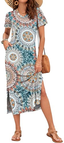 AUSELILY Summer Dress for Women Short Sleeve Maxi Beach Dress V Neck Sundress Slit Dress with Pockets Elegant Dresses Print Green L